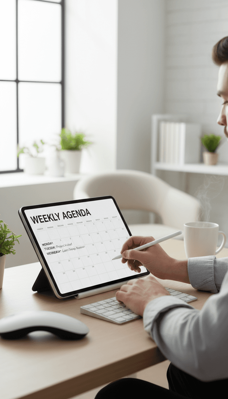 Person writing on a digital planner with a stylus on a tablet