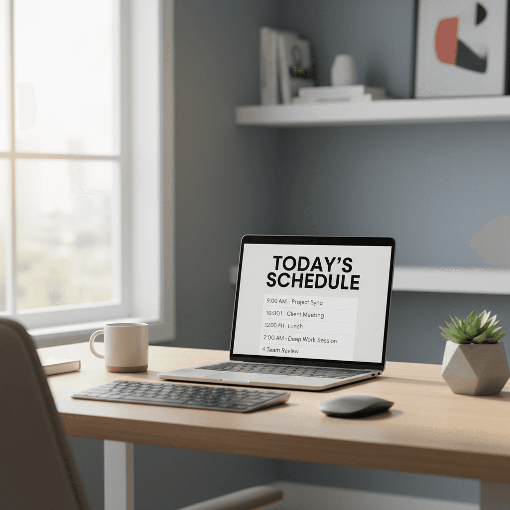 Modern home office with a digital calendar on a laptop