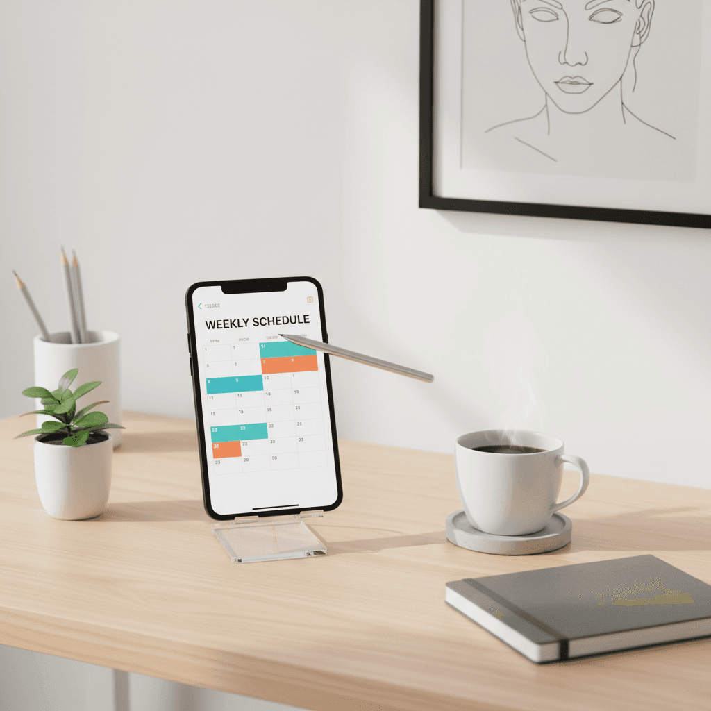 Minimalist workspace with a smartphone showing a schedule