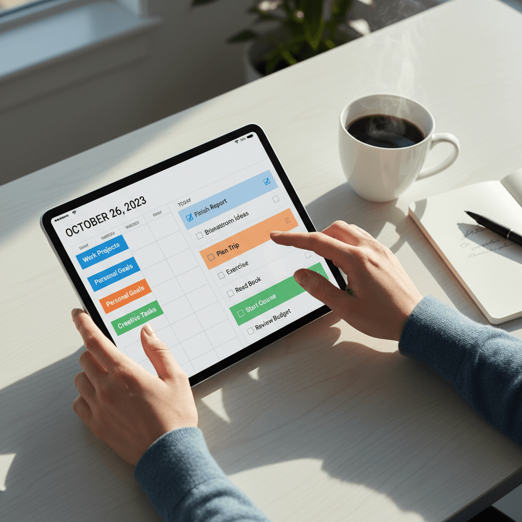 Digital planner open on a tablet in a bright, tidy workspace