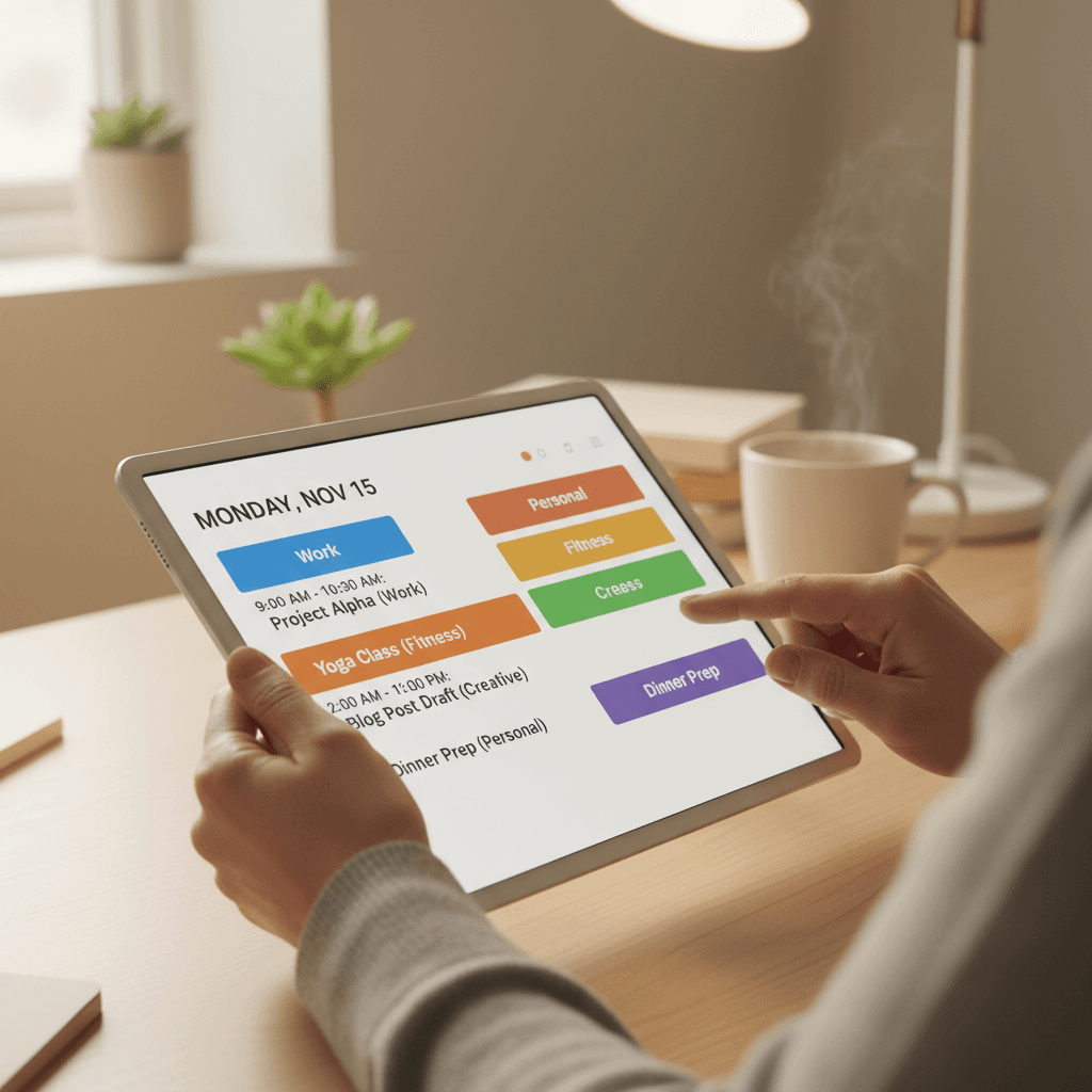 Hand using a stylus to write in a digital planner on a tablet