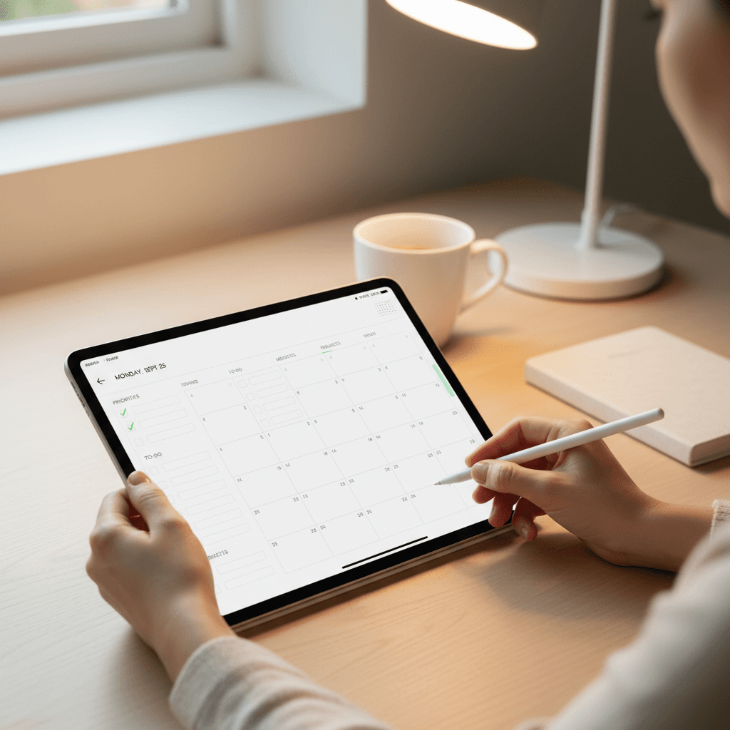 Person writing in a digital planner on a tablet at a clean desk with coffee