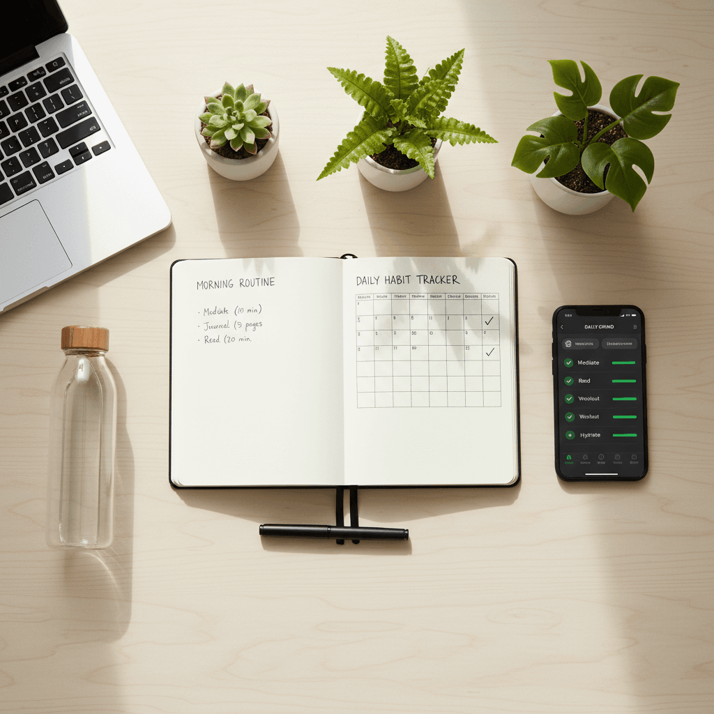 Minimalist desk with a tablet displaying a planner layout