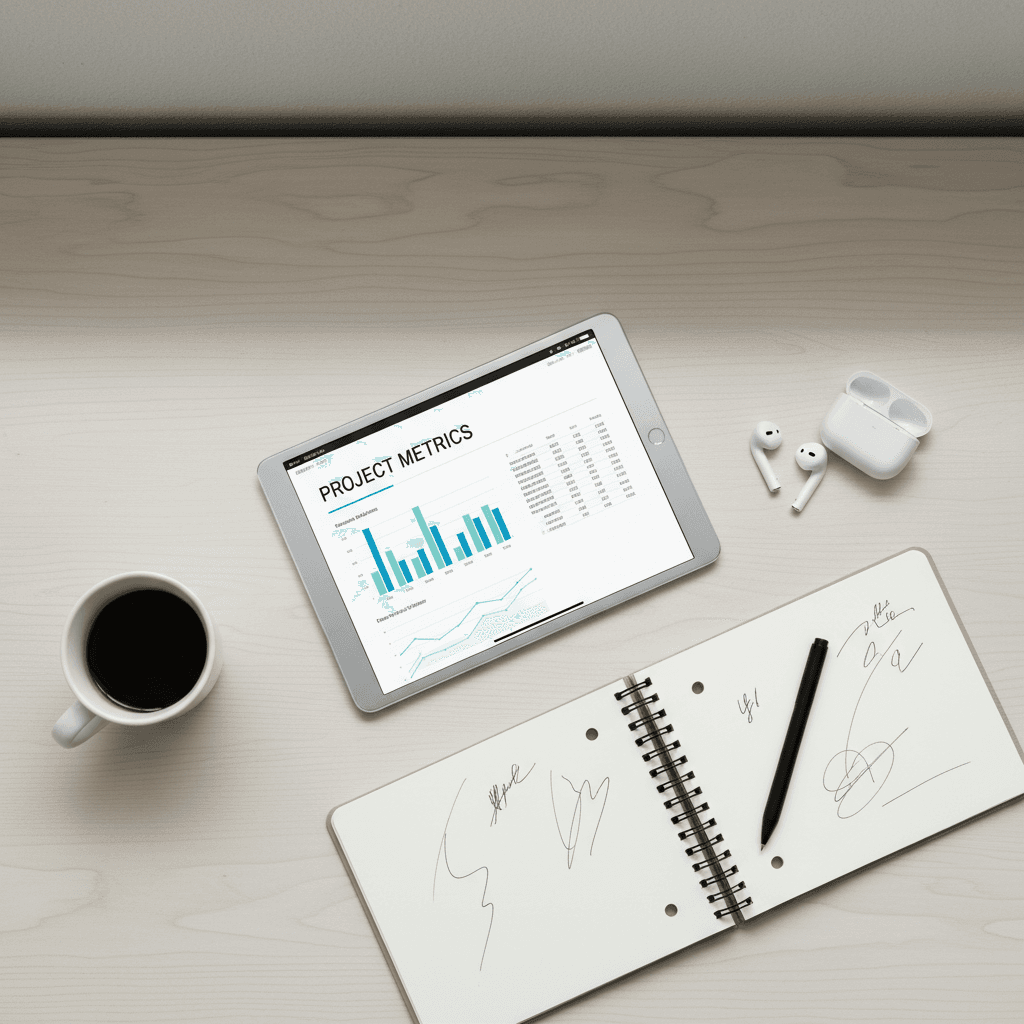 Digital tablet with stylus showing an organized planner layout on a clean desk